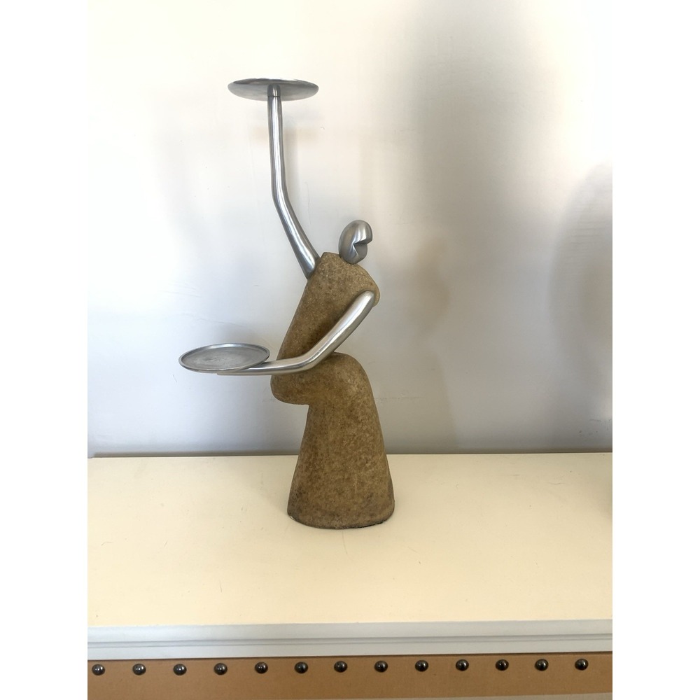 Abstract Modern Cast Stone & Brushed Metal Figurative Sculpture Statue 18" Decor